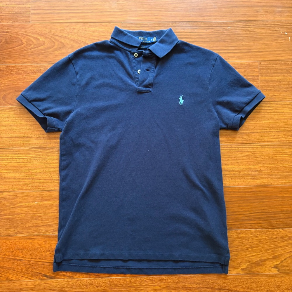 Polo Ralph Lauren Mens Slim Fit Polo Shirt Large Navy Blue Short Sleeve Pique